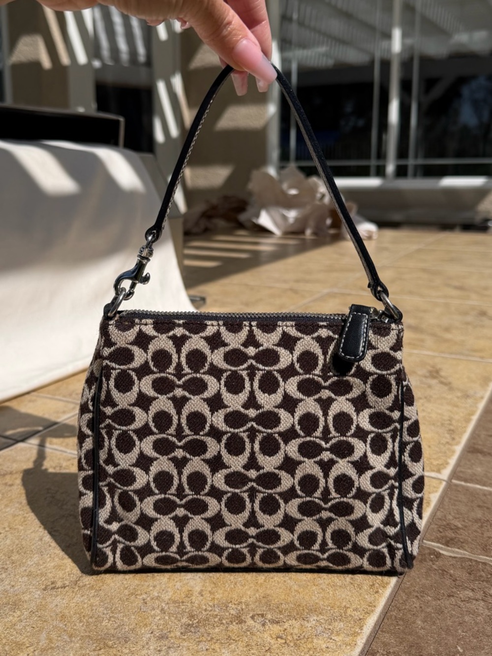 Y2K RARE Coach Brown and Cream Signature Mini Top-Handle Demi Wool Handbag Bag
